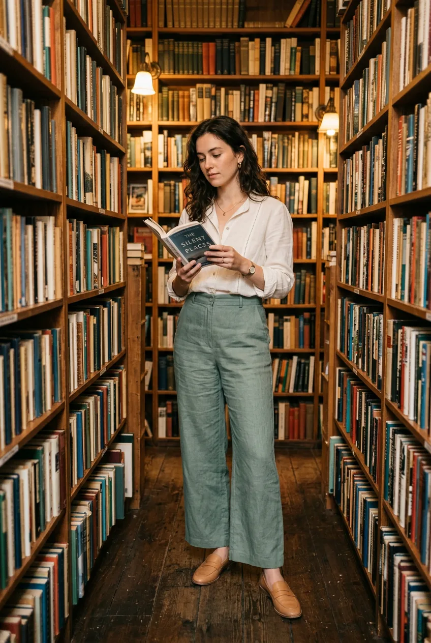 Woman in a warmly lit bookstore wearing a matching dusty sage wide-leg trouser set with a tucked-in white blouse and tan loafers