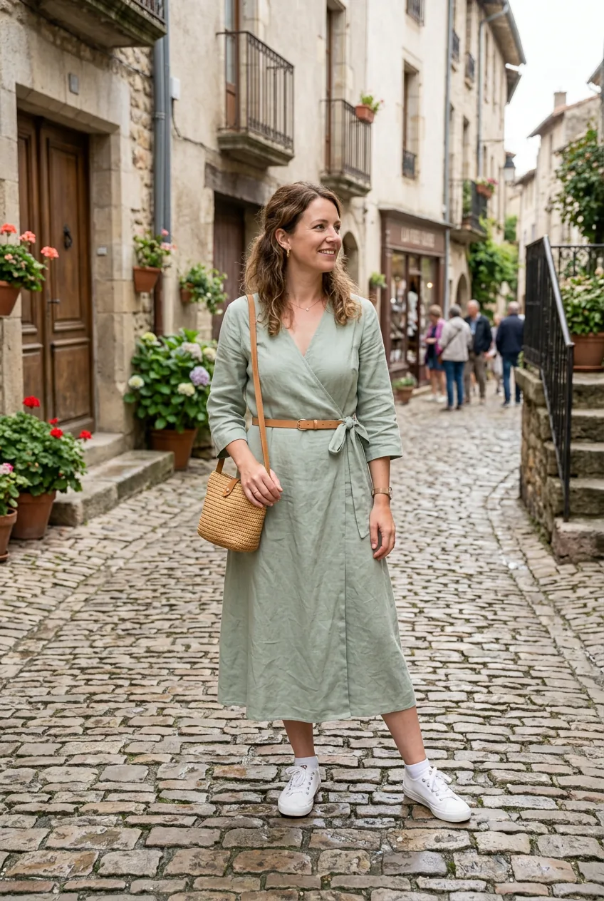 Woman in pale sage wrap dress with camel belt and tan woven crossbody bag standing on cobblestone street in natural light