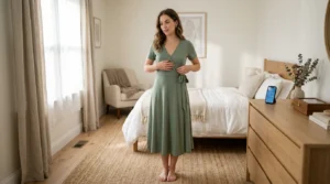 Woman in sage ponte midi wrap dress smoothing front of skirt in softly lit bedroom with weather app visible on dresser