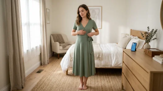 Woman in sage ponte midi wrap dress smoothing front of skirt in softly lit bedroom with weather app visible on dresser