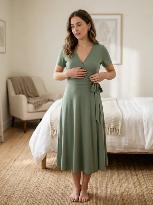 Woman in sage ponte midi wrap dress smoothing front of skirt in softly lit bedroom with weather app visible on dresser