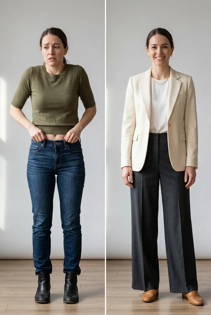 Two women in uncoordinated outfits on left panel and matching cream knit textured coordinated looks on right panel in studio lighting
