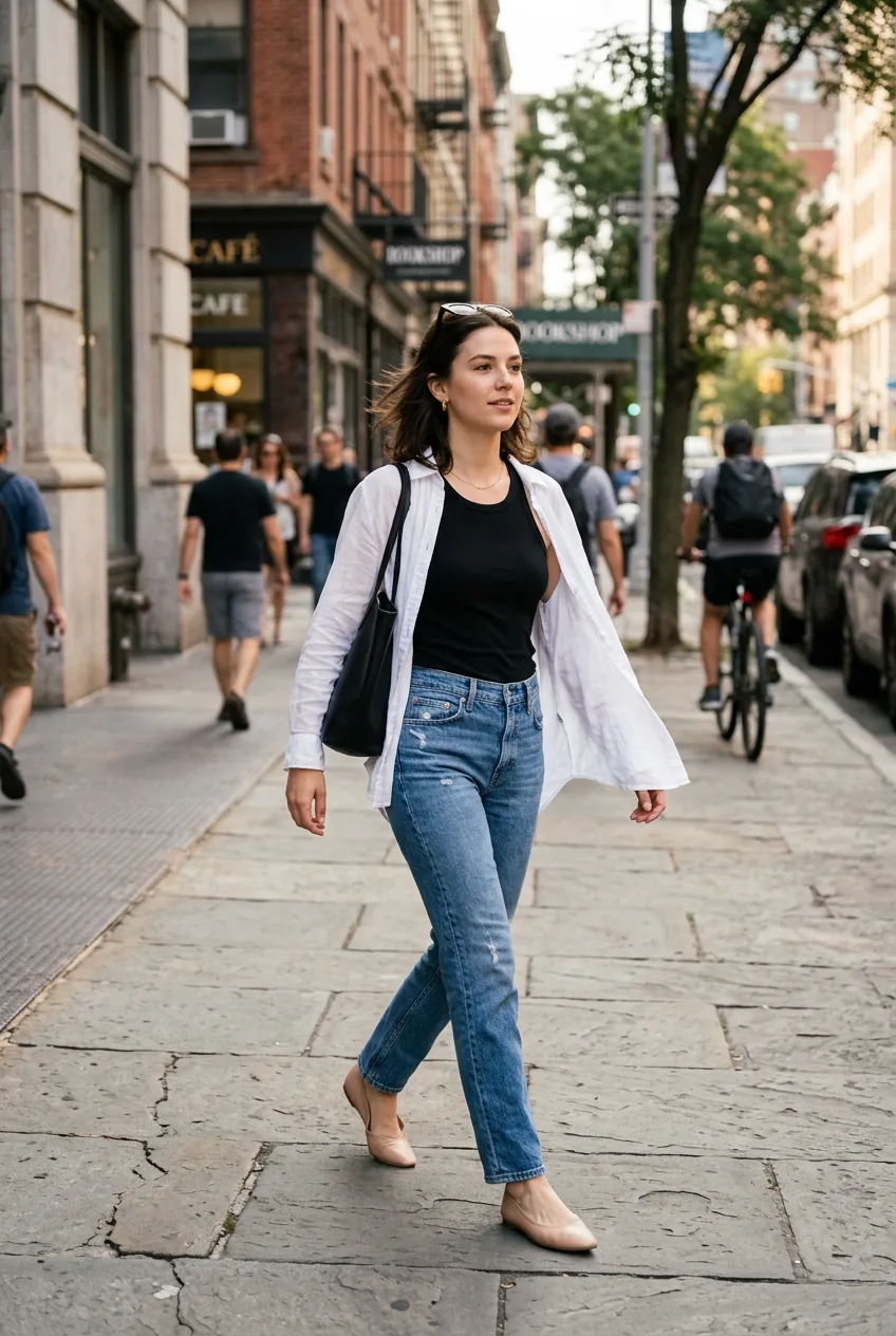 Woman on a city sidewalk wearing a sheer white open button-down over a black ribbed tank with straight jeans and ballet flats