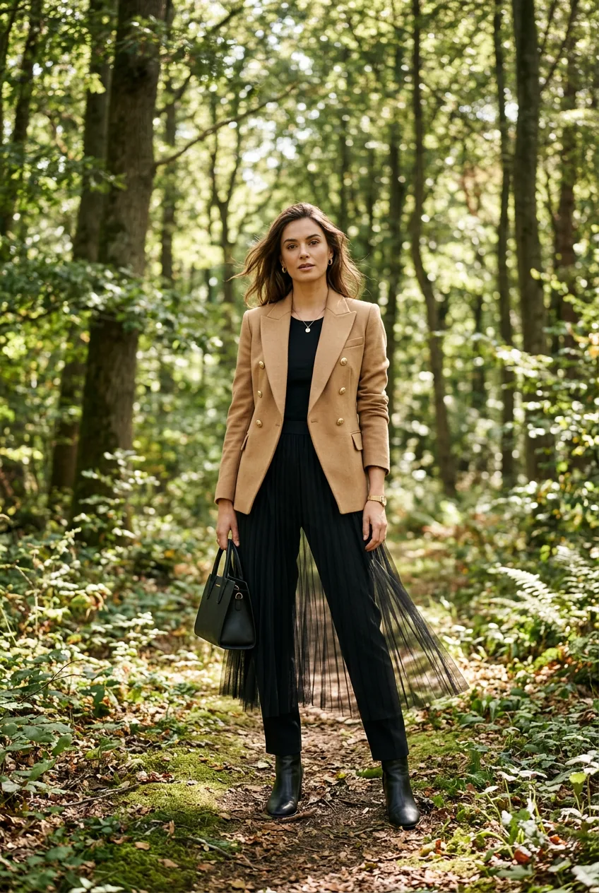 Woman in sheer black midi skirt layered over tailored trousers with structured camel blazer in filtered forest light