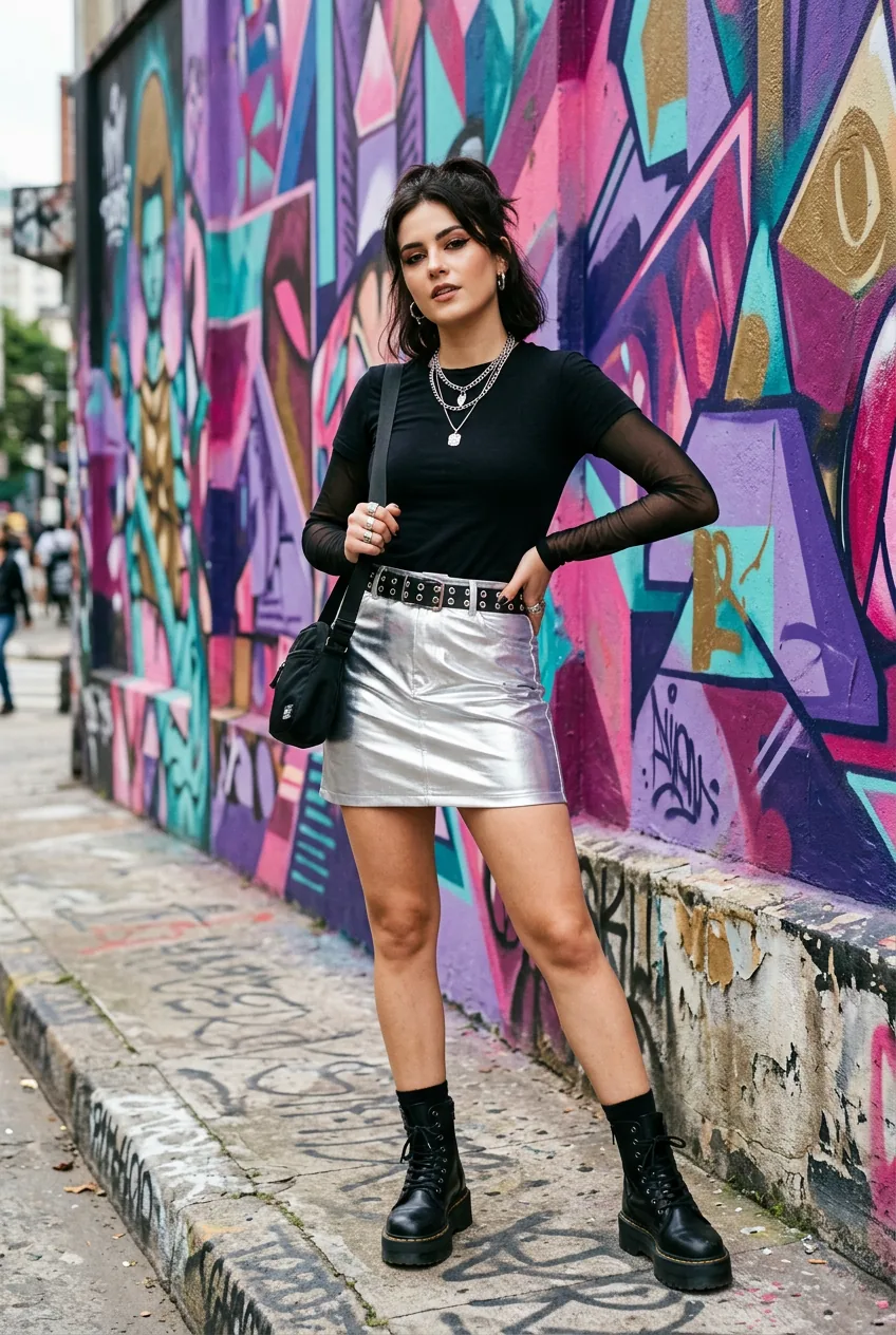 Woman in a silver PVC mini skirt, black long-sleeve, sheer mesh layer, chunky lug boots, and layered chain necklaces