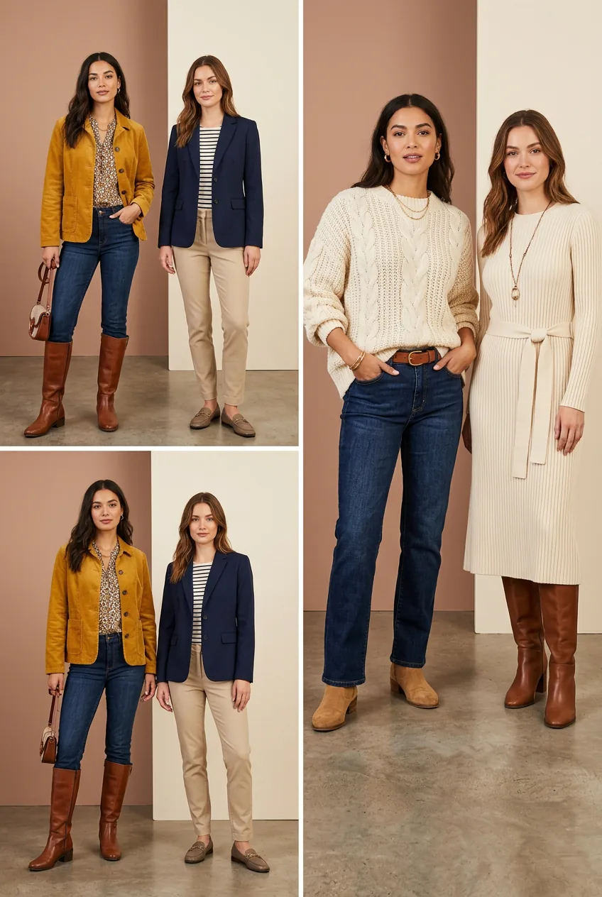 Two-panel comparison showing overwhelming double change on left versus one confident styling stretch on right with camel blazer