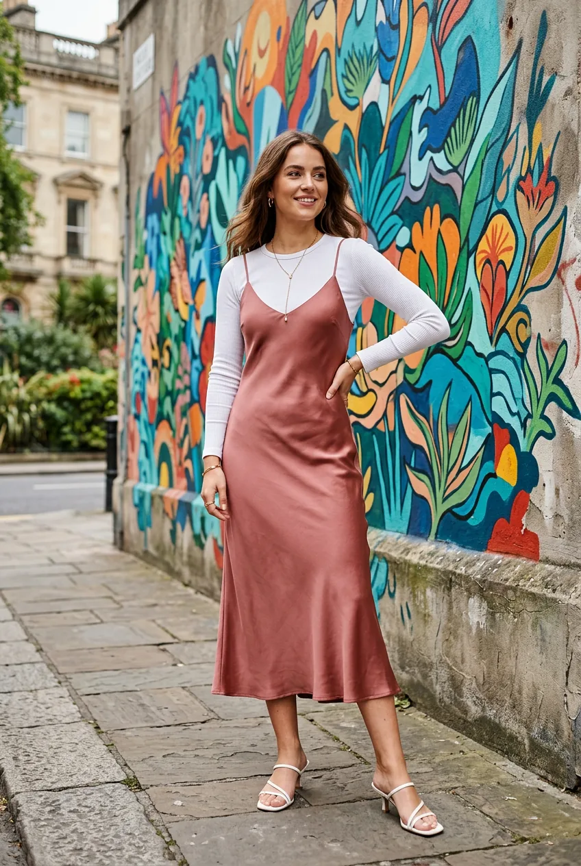 Woman wearing a dusty rose satin slip dress layered over a white ribbed long-sleeve with kitten-heel mules and lariat necklace