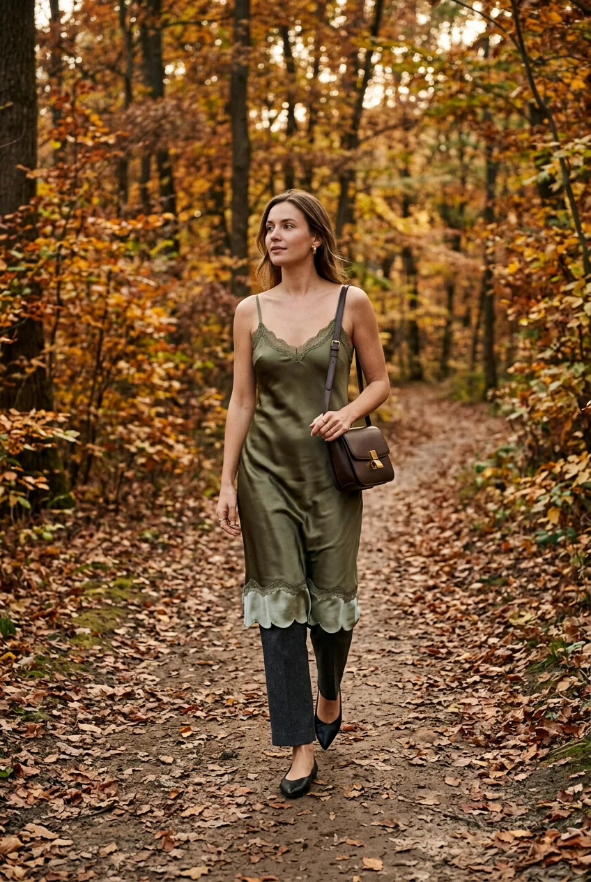 Woman wearing satin slip dress over straight-leg trousers with structured bag and simple flats on a forest trail