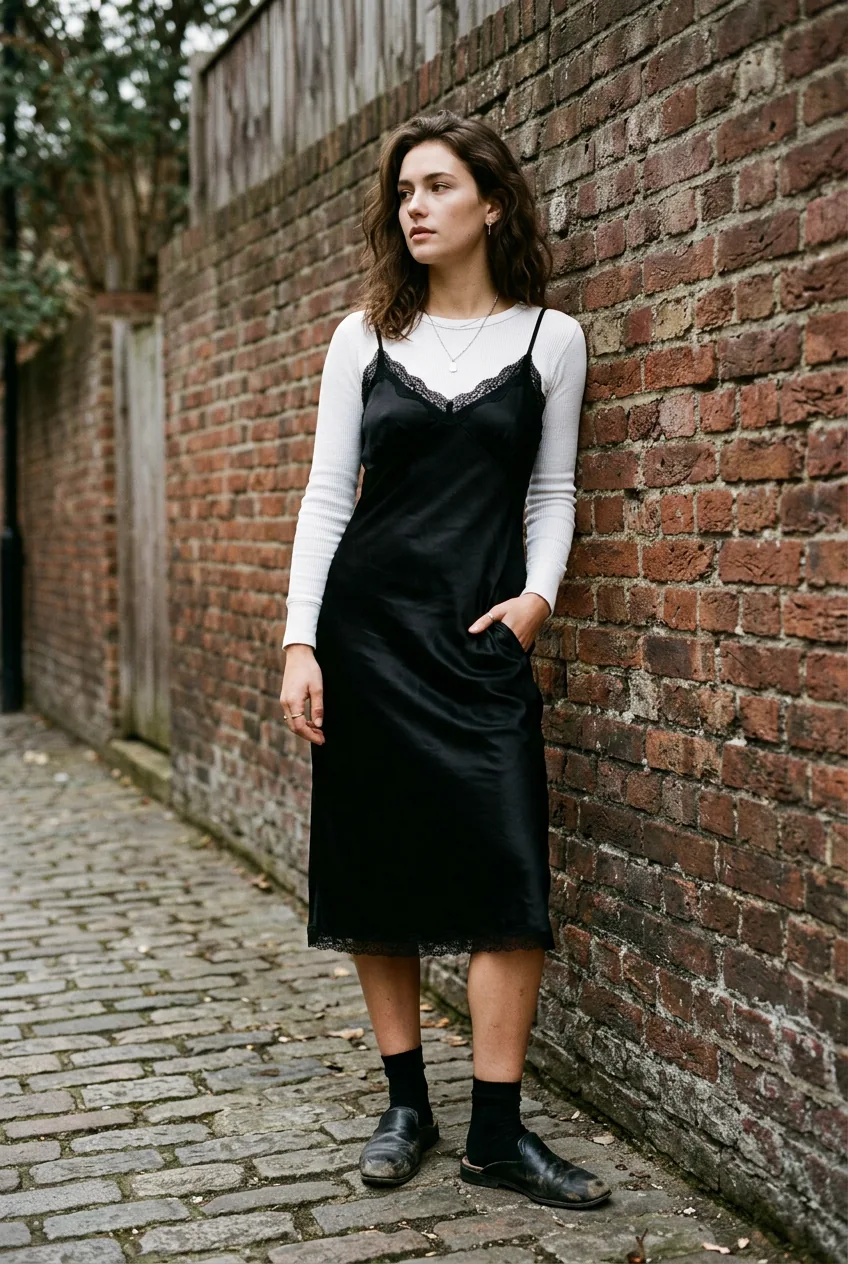 Woman in black satin slip dress layered over white ribbed thermal long-sleeve, wearing beat-up mules against a brick wall
