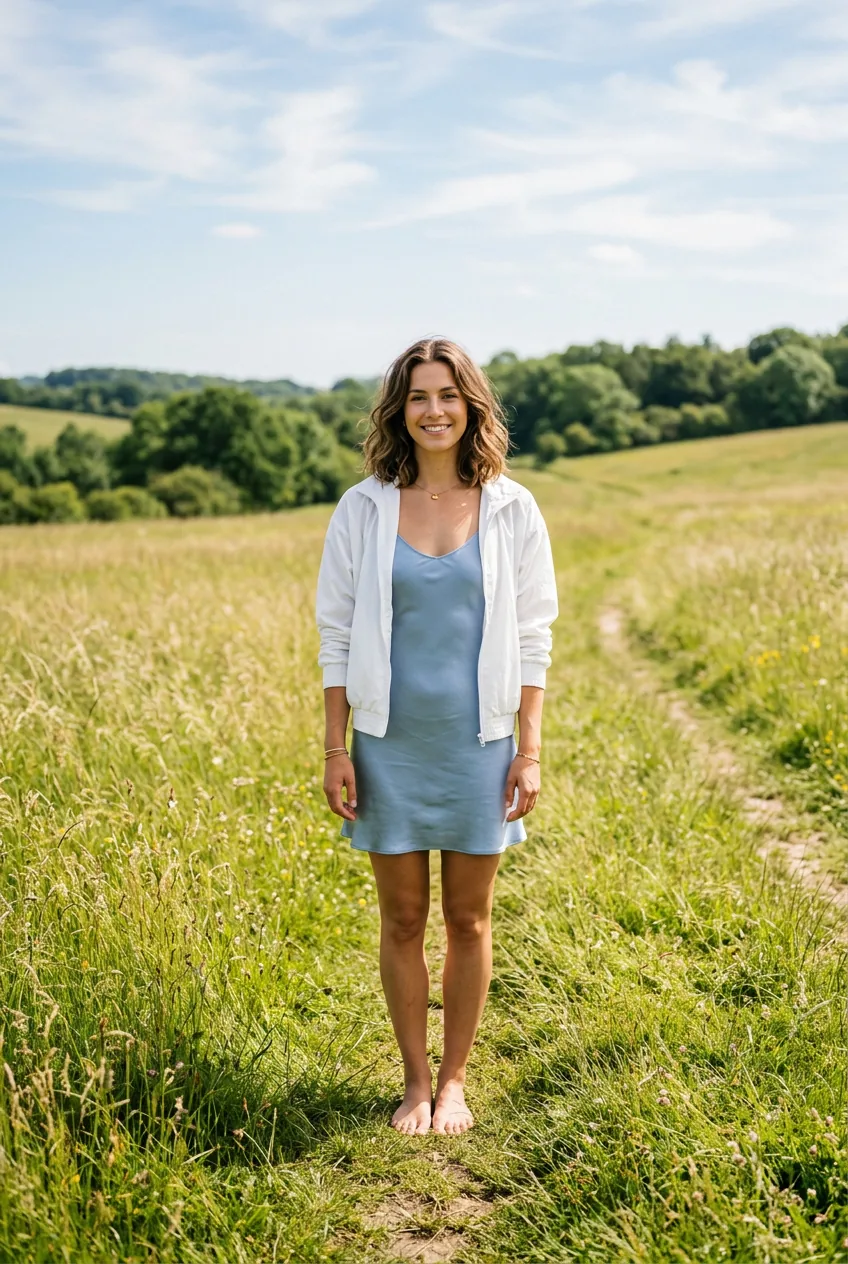 Woman layering a pale blue satin slip dress under an open white zip-through sports jacket standing in bright natural light