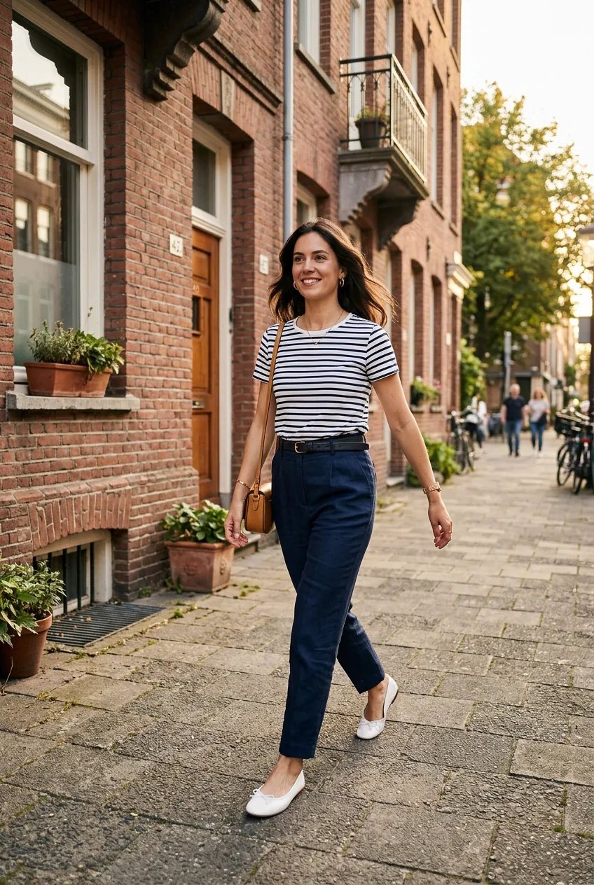Woman walking in Breton stripe top, high-waisted navy trousers and white ballet flats in natural light
