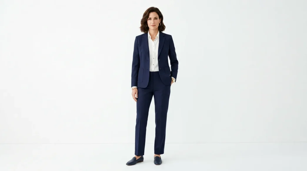 Woman in perfectly tailored navy blazer and matching trousers with white blouse, full-length studio portrait