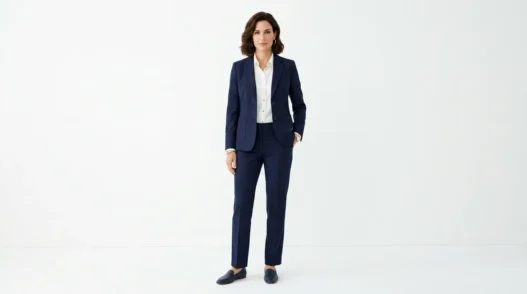 Woman in perfectly tailored navy blazer and matching trousers with white blouse, full-length studio portrait