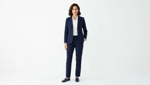 Woman in perfectly tailored navy blazer and matching trousers with white blouse, full-length studio portrait