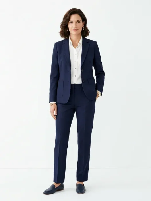 Woman in perfectly tailored navy blazer and matching trousers with white blouse, full-length studio portrait