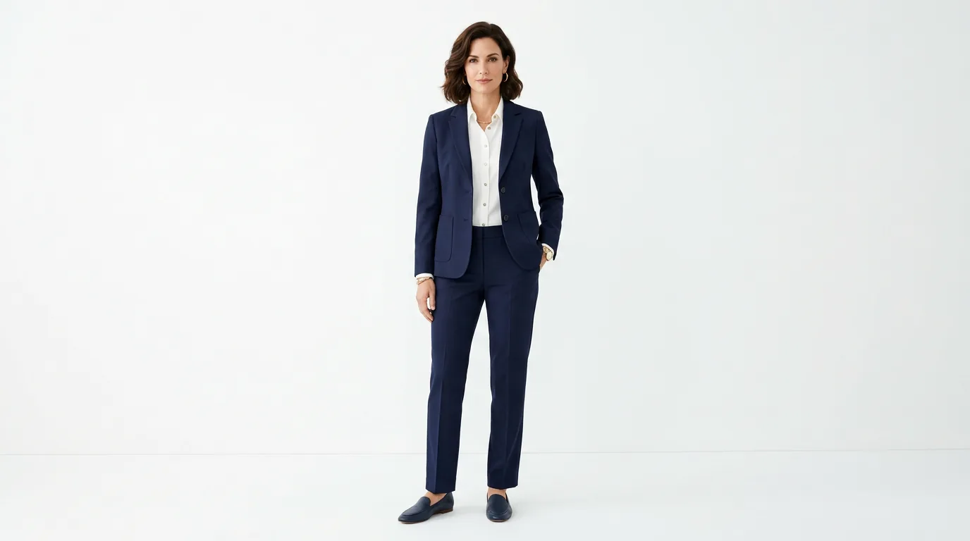 Woman in perfectly tailored navy blazer and matching trousers with white blouse, full-length studio portrait