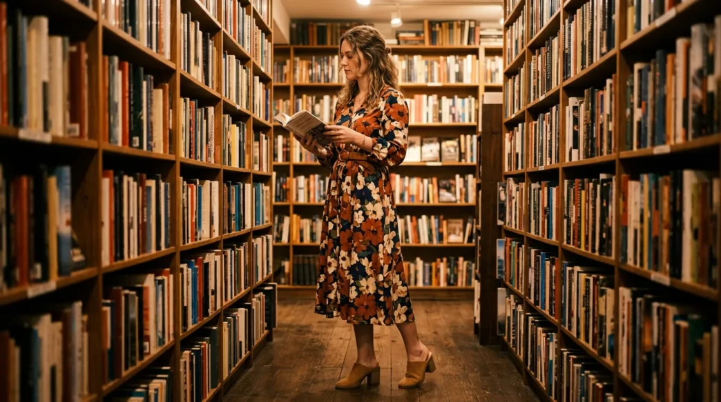 Woman in a warmly lit bookstore wearing a bold floral midi dress with block-heeled mules and a leather belt