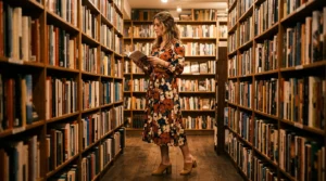 Woman in a warmly lit bookstore wearing a bold floral midi dress with block-heeled mules and a leather belt