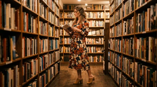 Woman in a warmly lit bookstore wearing a bold floral midi dress with block-heeled mules and a leather belt