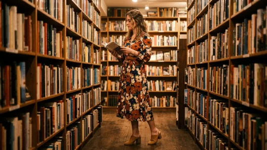 Woman in a warmly lit bookstore wearing a bold floral midi dress with block-heeled mules and a leather belt