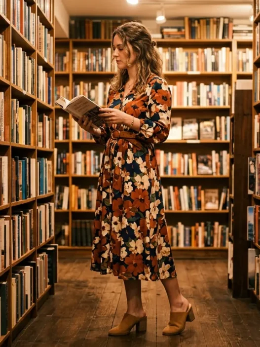 Woman in a warmly lit bookstore wearing a bold floral midi dress with block-heeled mules and a leather belt