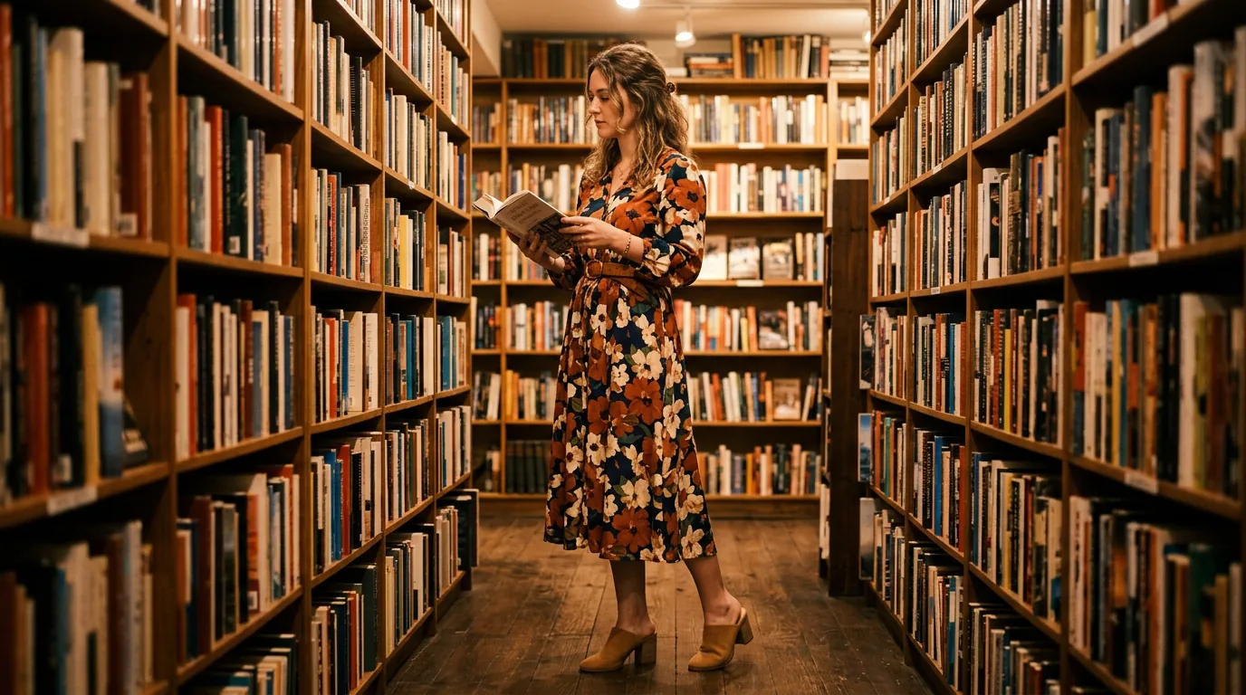 Woman in a warmly lit bookstore wearing a bold floral midi dress with block-heeled mules and a leather belt
