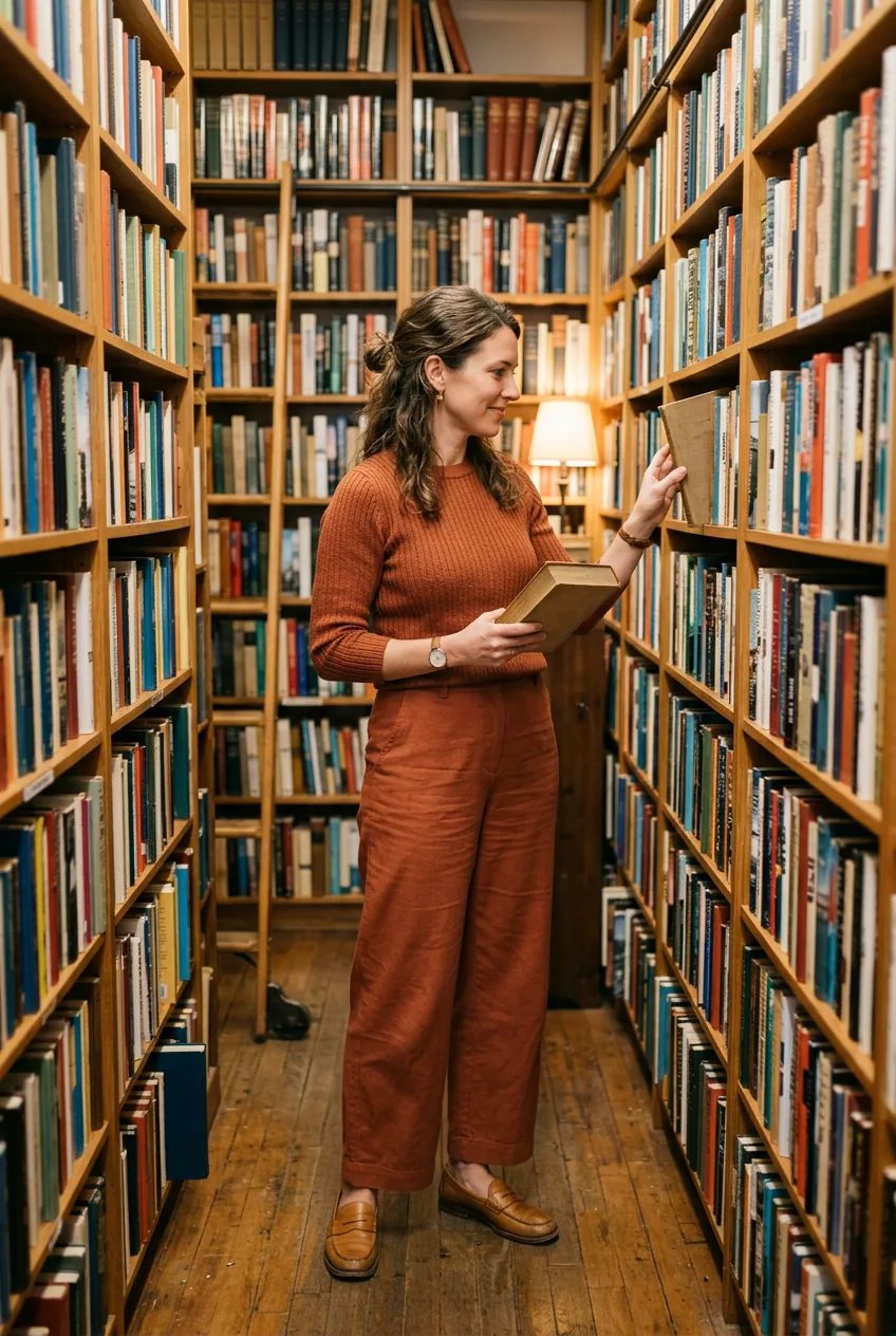 Woman standing in a bookstore wearing an all-terracotta monochrome outfit with ribbed knit top and wide woven trousers