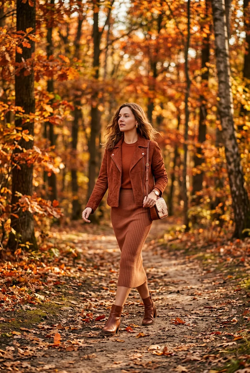Woman in head-to-toe terracotta brown suede jacket and knit midi skirt walking in golden autumn forest light