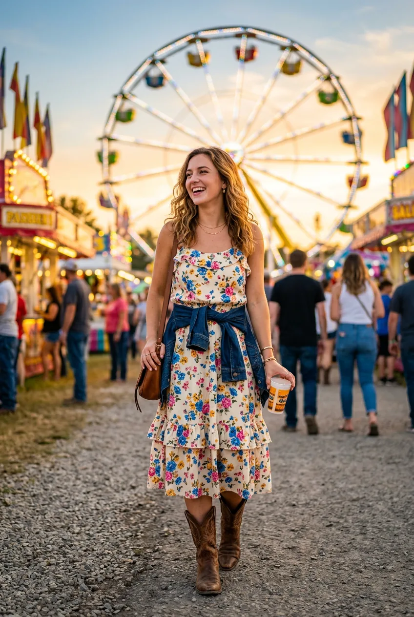 Woman in tiered floral midi dress with cowboy boots and denim jacket tied at waist at summer fair