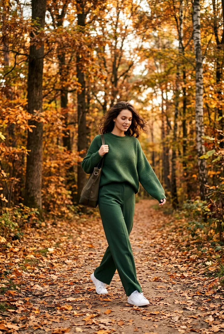 Woman in tonal forest green wide-leg trousers and oversized ribbed crewneck sweater walking through an autumn forest
