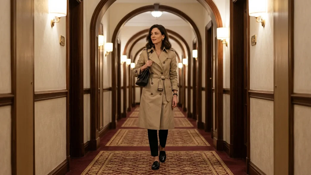 Woman in beige trench coat belted over slim black trousers and black loafers in hotel corridor with warm sconce lighting