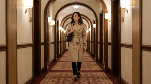 Woman in beige trench coat belted over slim black trousers and black loafers in hotel corridor with warm sconce lighting