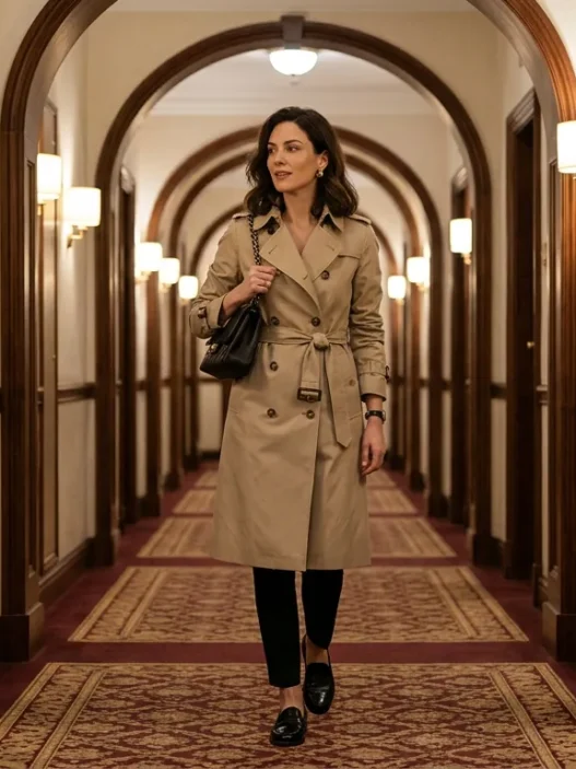 Woman in beige trench coat belted over slim black trousers and black loafers in hotel corridor with warm sconce lighting