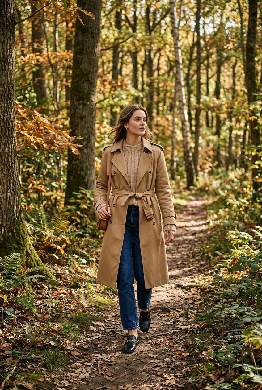 Woman wearing belted camel trench coat layered over chunky knit and dark straight-leg denim on a woodland trail