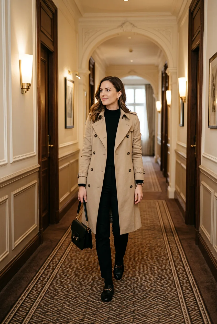 Woman in open beige trench coat over black mock-neck top and slim black trousers with leather loafers in classic corridor