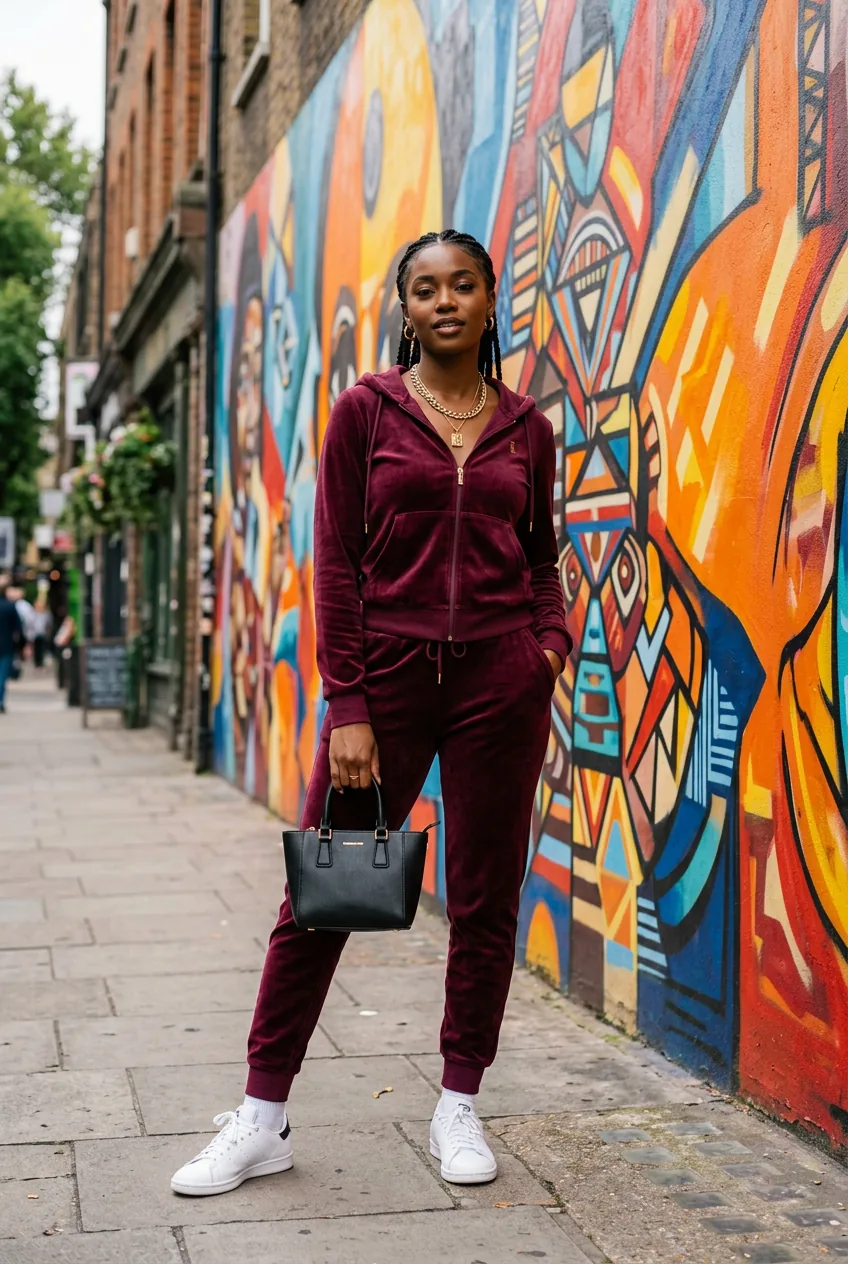 Woman in a matching burgundy velour tracksuit with gold chain necklace and white sneakers posed against a bold mural