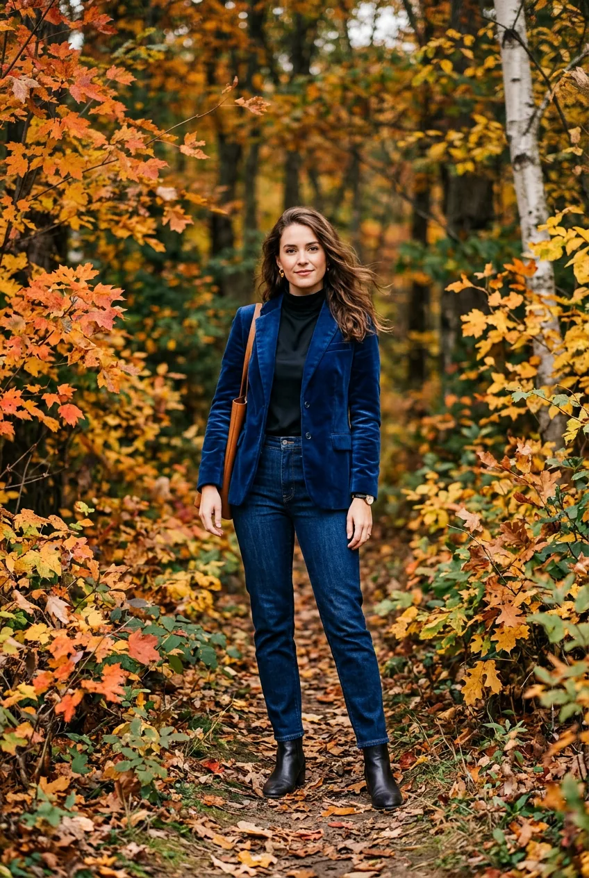 Woman in deep sapphire velvet blazer and clean dark indigo denim standing among fall foliage