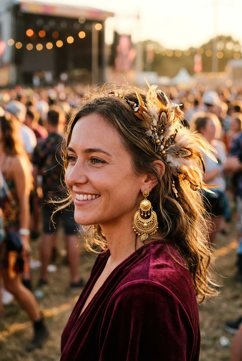 Close-up detail of woman's festival outfit showing velvet texture, gold earrings, and feathered hair accessory in golden light