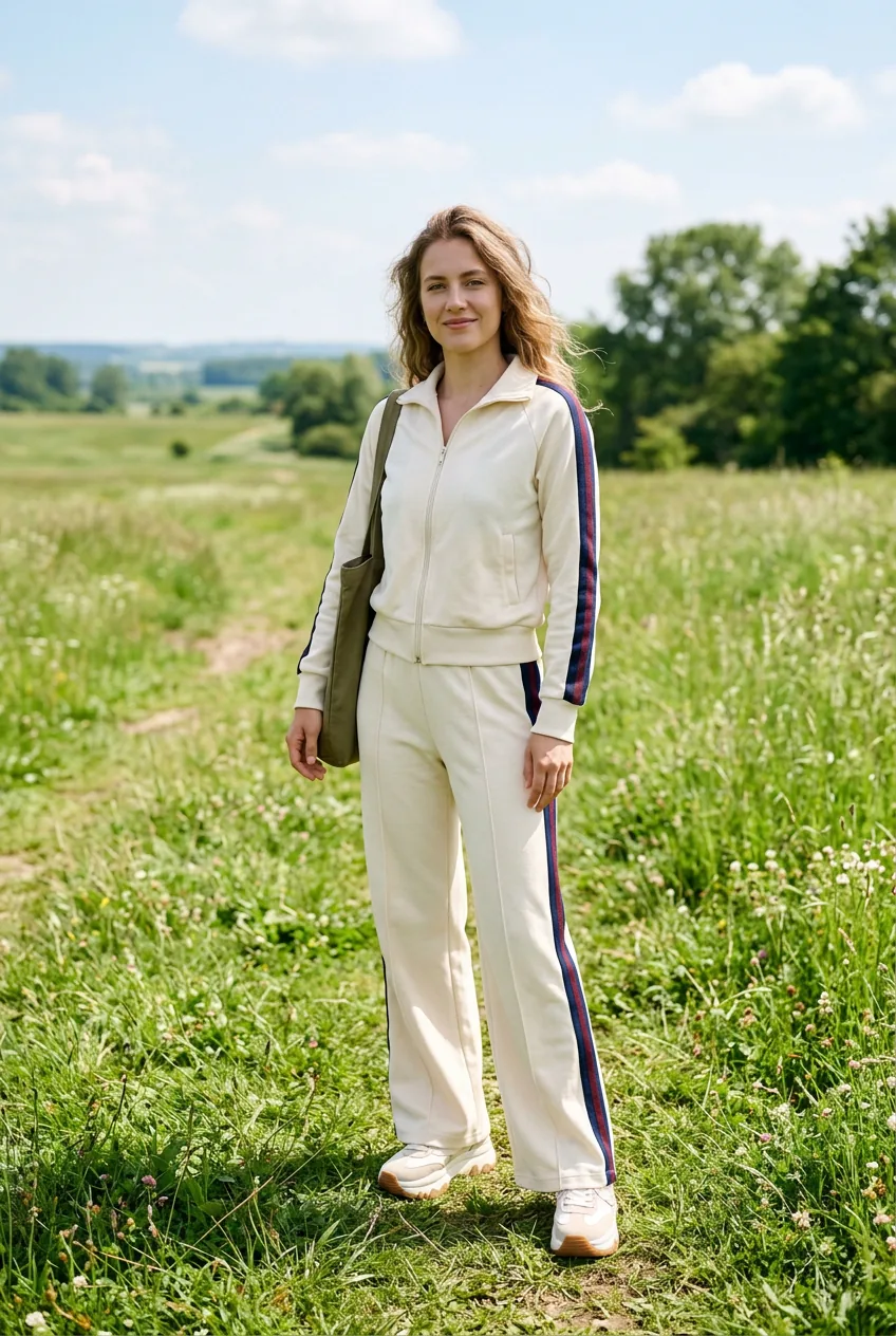 Woman in a cream vintage-inspired stripe tracksuit with a zip-up jacket and wide-leg trousers styled with platform sneakers outdoors