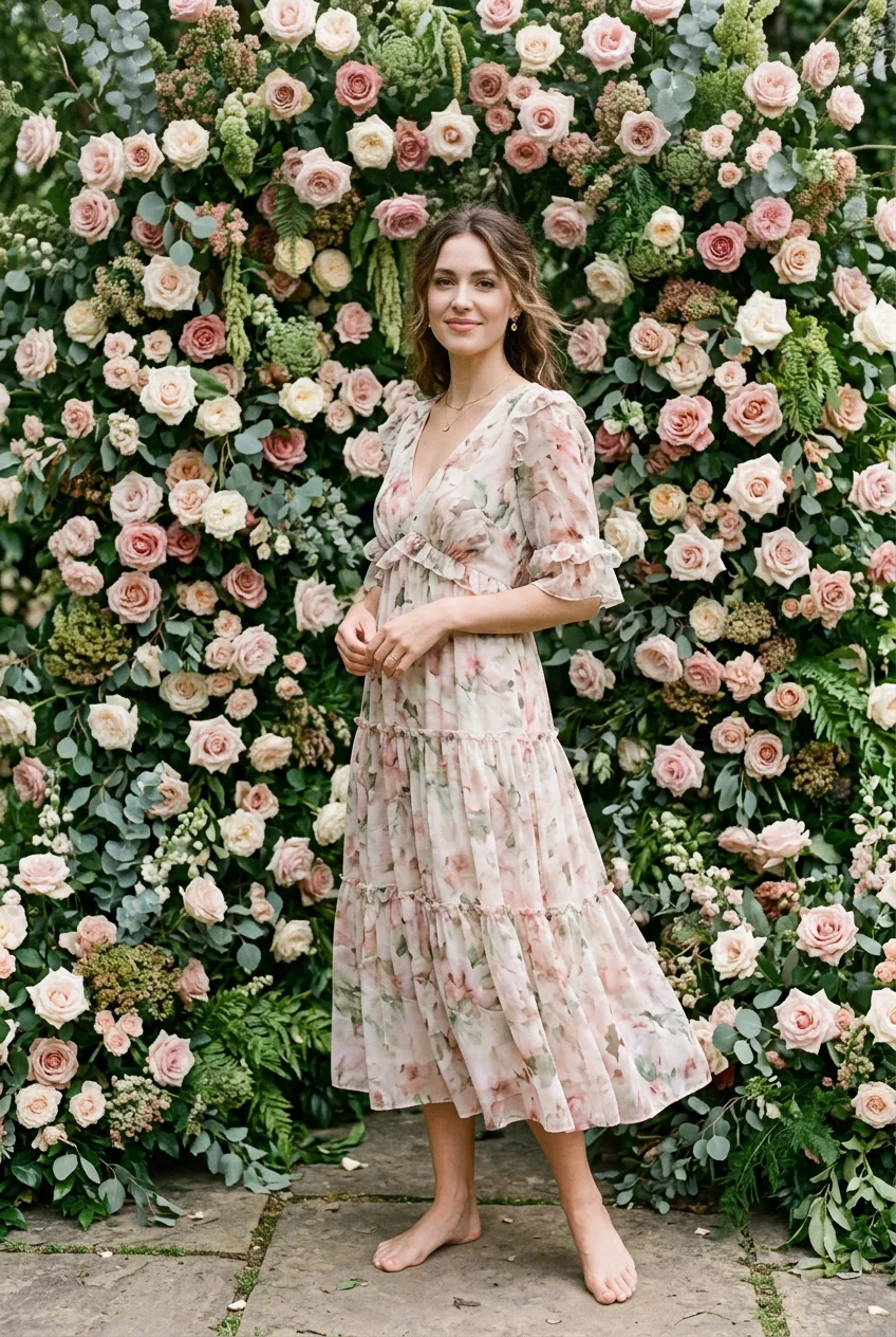Woman in muted watercolor floral midi dress with floaty chiffon skirt posed against rose installation wall