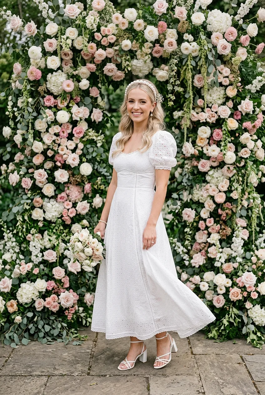 Bride in all-white eyelet midi dress with pearl headband and floral hair clip in soft daylight setting