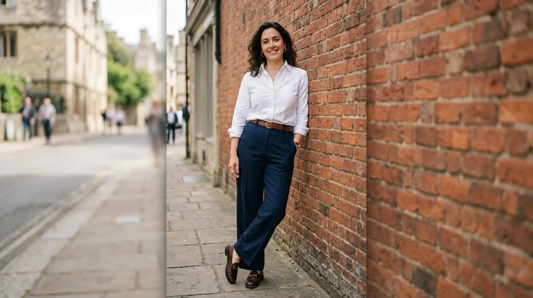 Woman in crisp white Oxford shirt tucked into wide-leg navy trousers with loafers against red brick wall