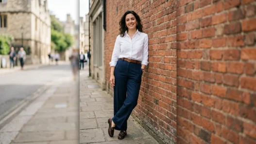 Woman in crisp white Oxford shirt tucked into wide-leg navy trousers with loafers against red brick wall