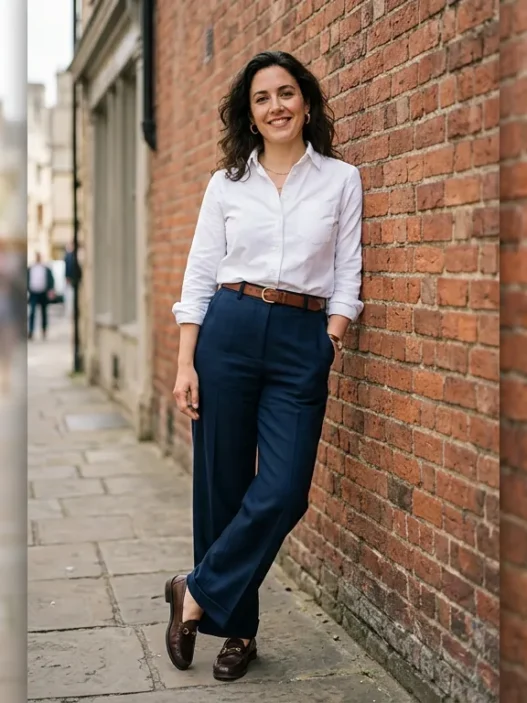 Woman in crisp white Oxford shirt tucked into wide-leg navy trousers with loafers against red brick wall