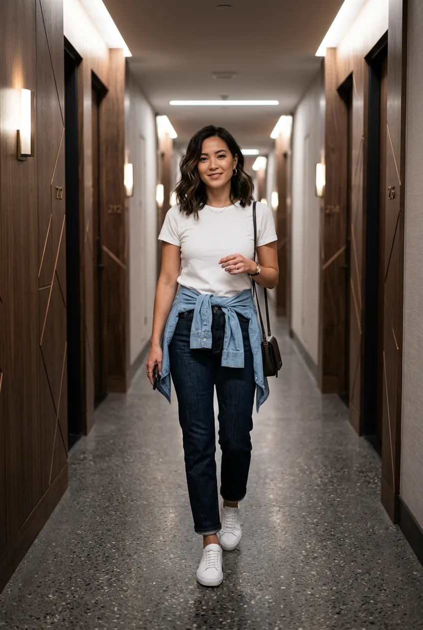 Woman wearing white fitted tee with dark-wash straight-leg jeans and white sneakers with chambray shirt tied at waist