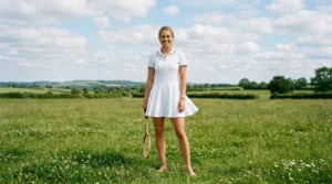 Woman standing in a grass field wearing a crisp white tennis dress with a flared skirt and white sneakers in bright daylight