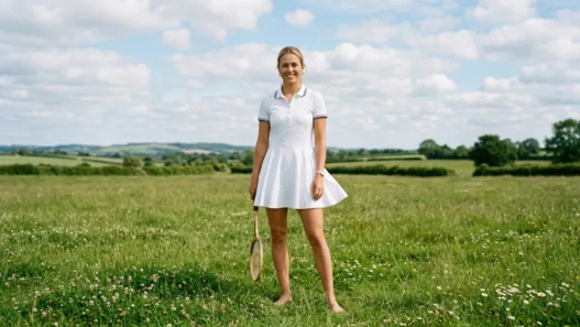 Woman standing in a grass field wearing a crisp white tennis dress with a flared skirt and white sneakers in bright daylight