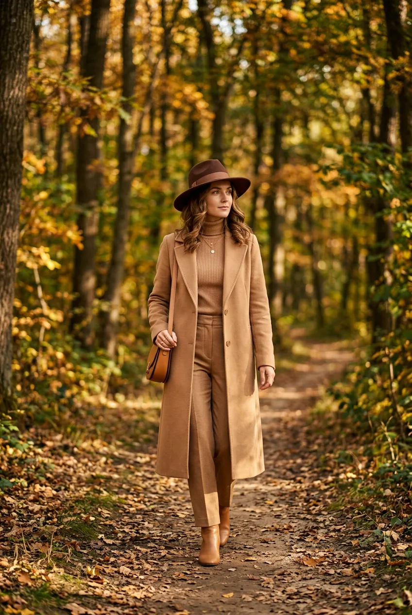 Woman wearing wide-brim chocolate brown felt hat over all-camel outfit on a golden autumn forest path