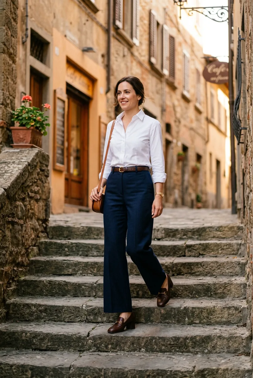 Woman descending stone steps in wide-leg navy trousers and crisp white tucked shirt with block-heeled loafers in warm amber light