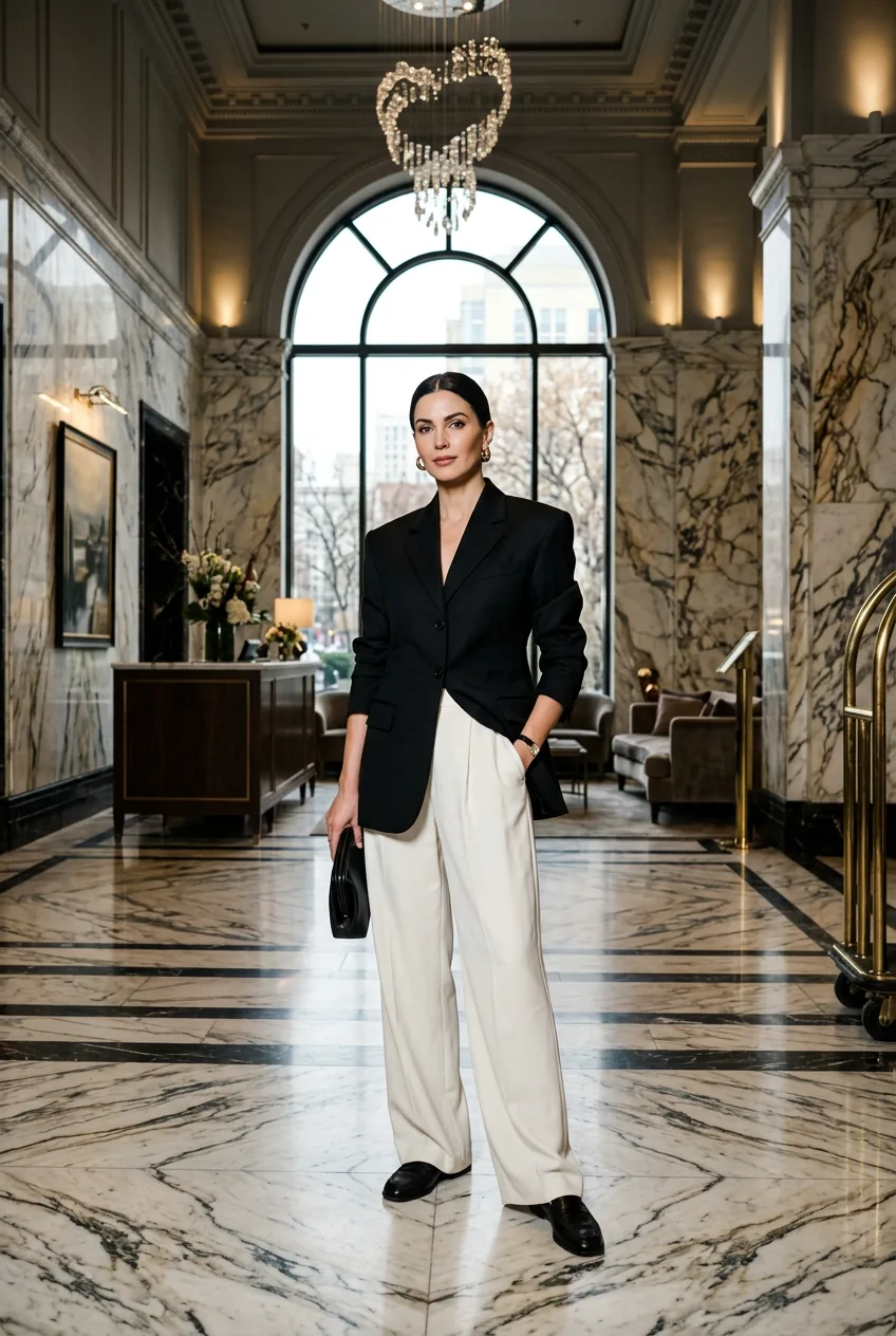 Woman in wide-shoulder black blazer and ivory wide-leg trousers posing in marble hotel lobby
